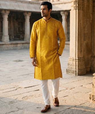 yellow printed silk blend kurta for men 5