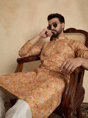 men   s mustard ethnic silk blend printed kurta 2