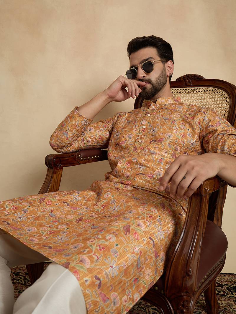 men   s mustard ethnic silk blend printed kurta