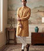 men’s mustard ethnic silk blend printed kurta