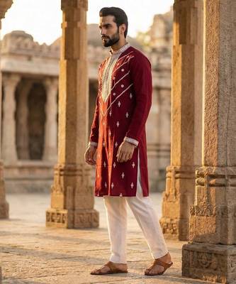 maroon embroidered silk blend kurta for men 3