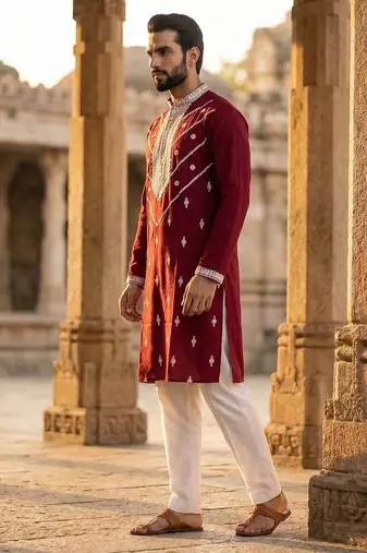 maroon embroidered silk blend kurta for men