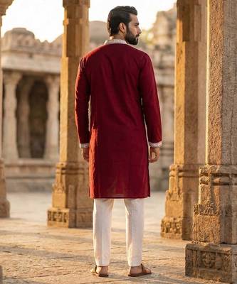 maroon embroidered silk blend kurta for men 4
