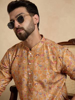 men   s mustard ethnic silk blend printed kurta 3