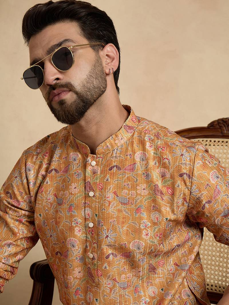 men   s mustard ethnic silk blend printed kurta