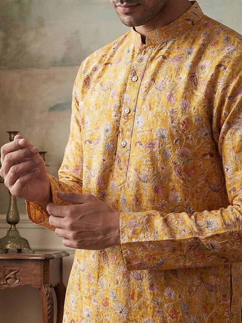 men’s mustard ethnic silk blend printed kurta