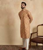 men   s mustard ethnic silk blend printed kurta