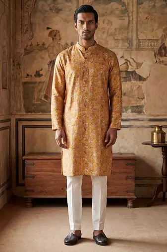 men   s mustard ethnic silk blend printed kurta