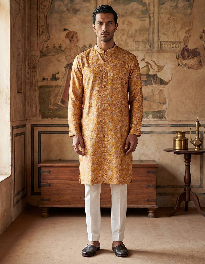 men’s mustard ethnic silk blend printed kurta