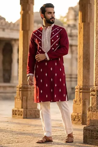 maroon embroidered silk blend kurta for men
