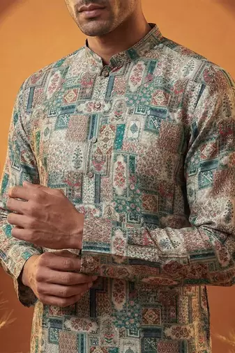 men   s multicolor printed ethnic silk blend kurta
