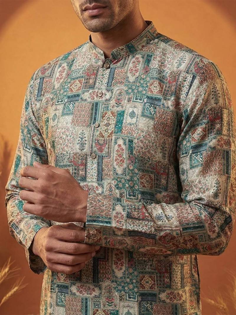 men’s multicolor printed ethnic silk blend kurta