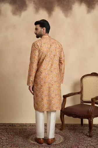 men   s mustard ethnic silk blend printed kurta
