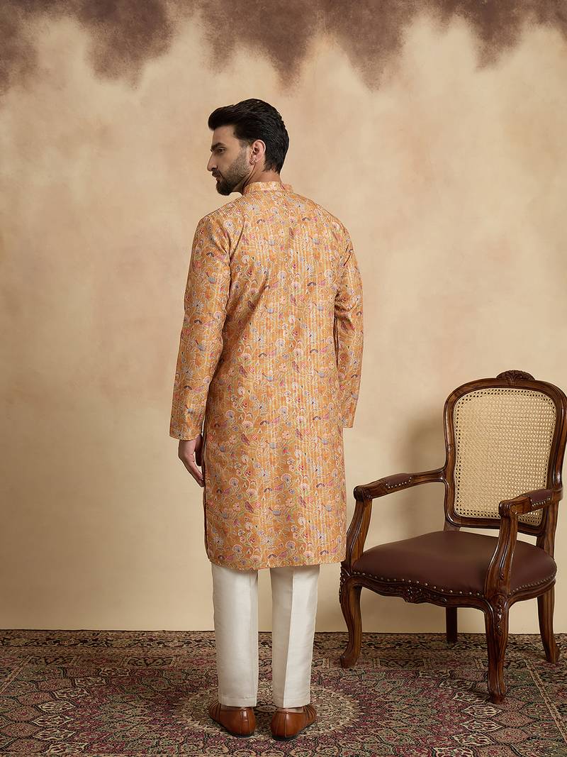 men   s mustard ethnic silk blend printed kurta
