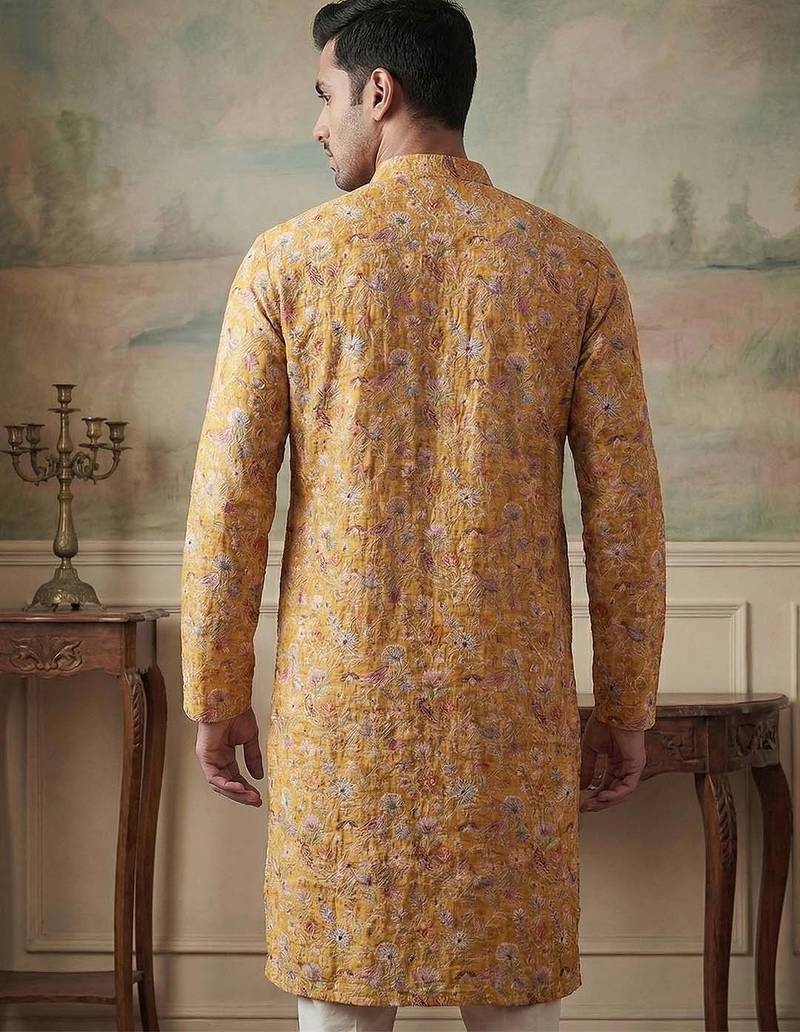 men’s mustard ethnic silk blend printed kurta