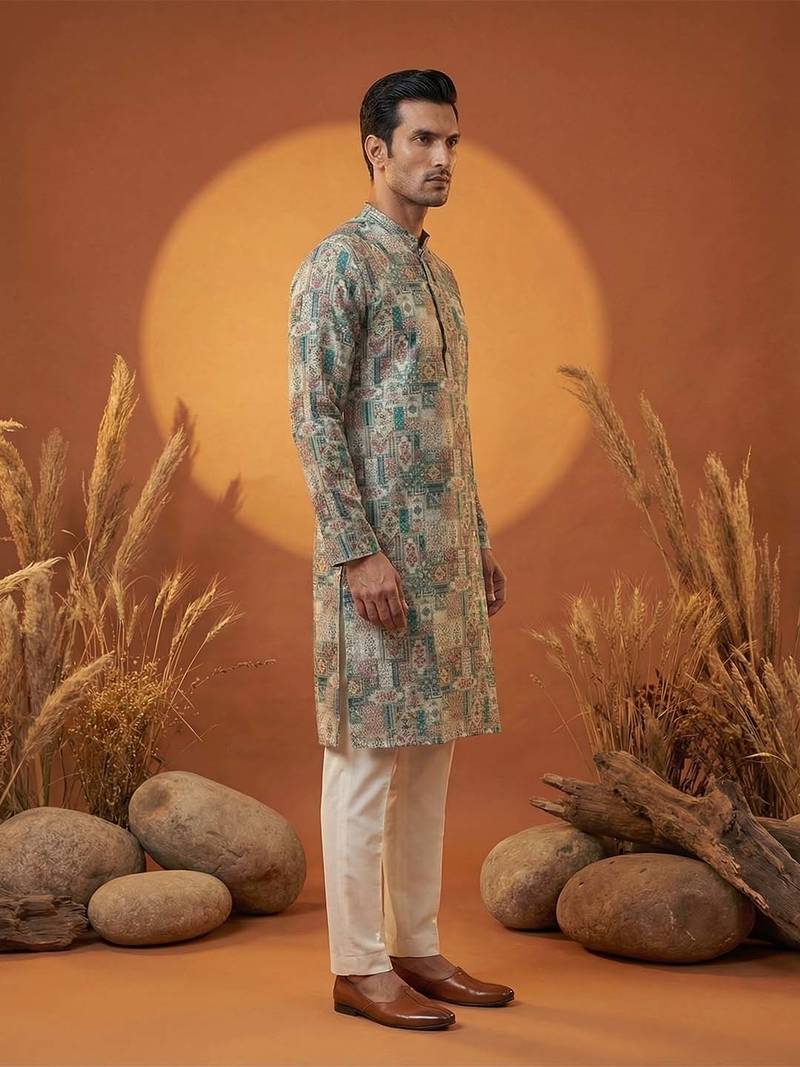 men’s multicolor printed ethnic silk blend kurta