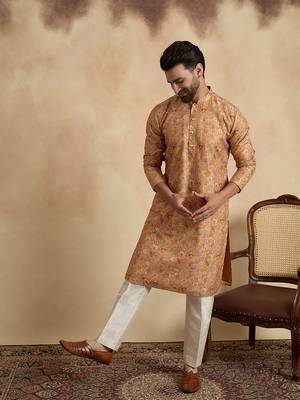 men   s mustard ethnic silk blend printed kurta 5