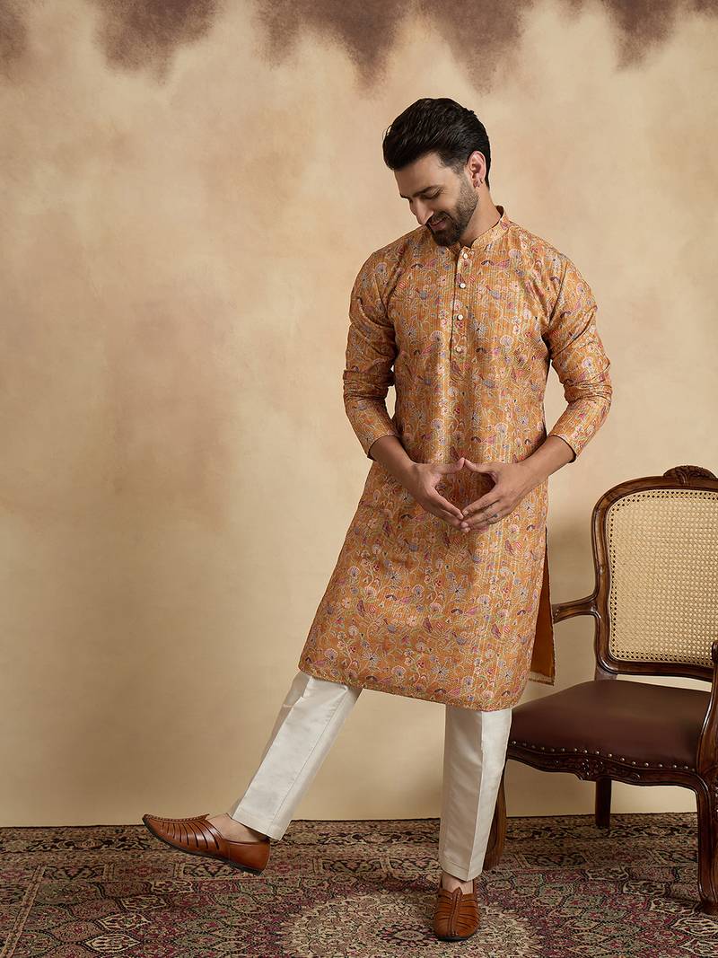 men   s mustard ethnic silk blend printed kurta