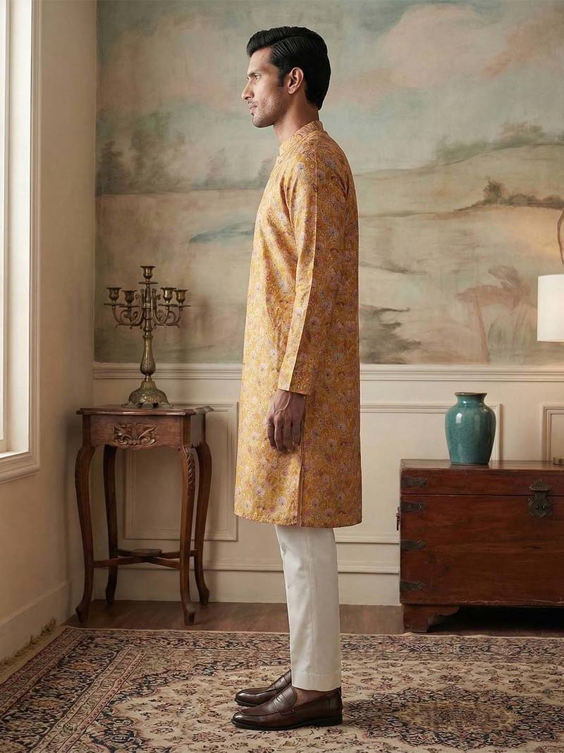 men’s mustard ethnic silk blend printed kurta
