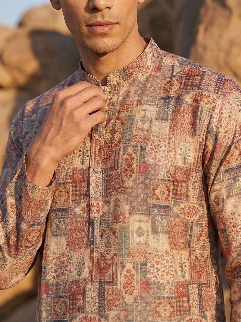 men’s multicolor ethnic silk blend printed kurta