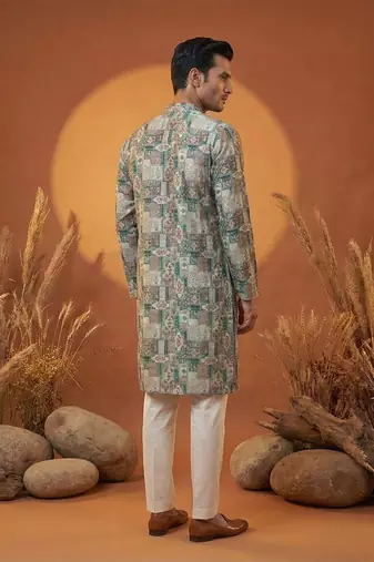 men   s multicolor printed ethnic silk blend kurta