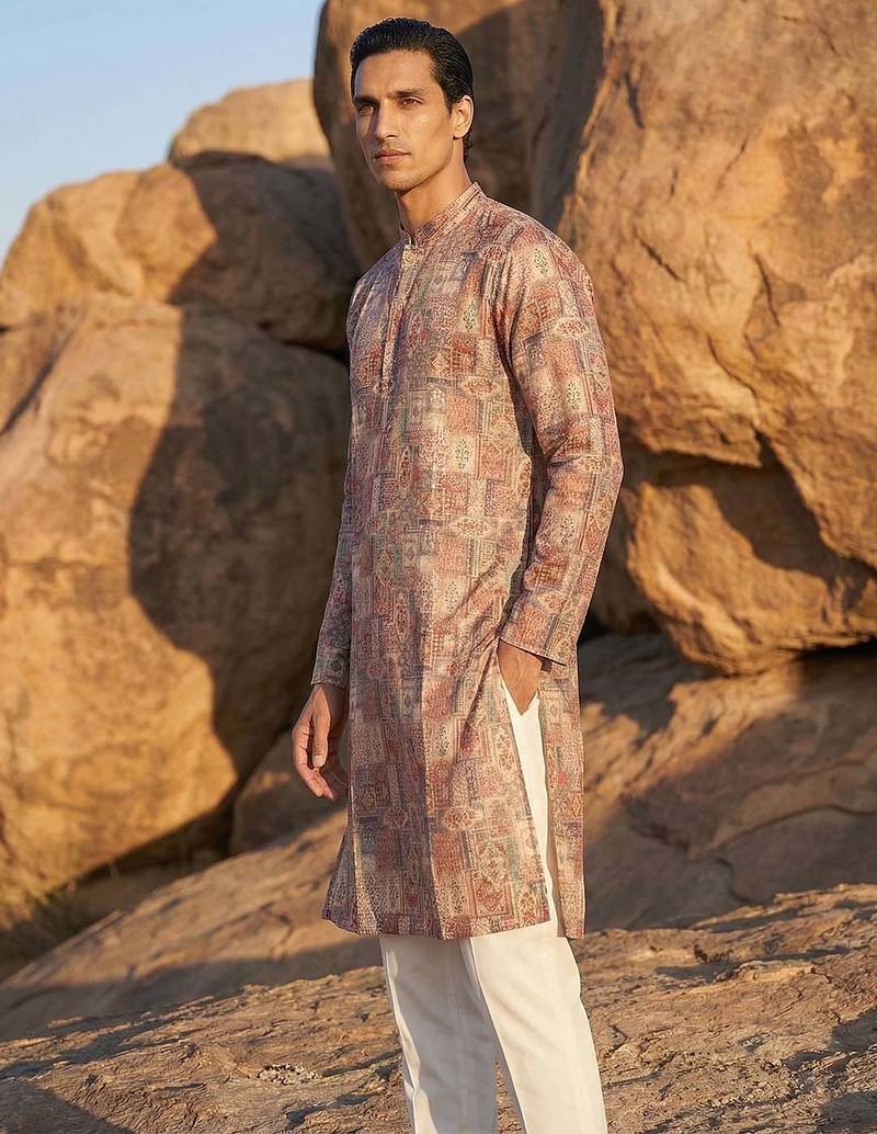 men’s multicolor ethnic silk blend printed kurta