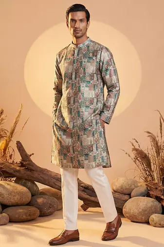 men   s multicolor printed ethnic silk blend kurta