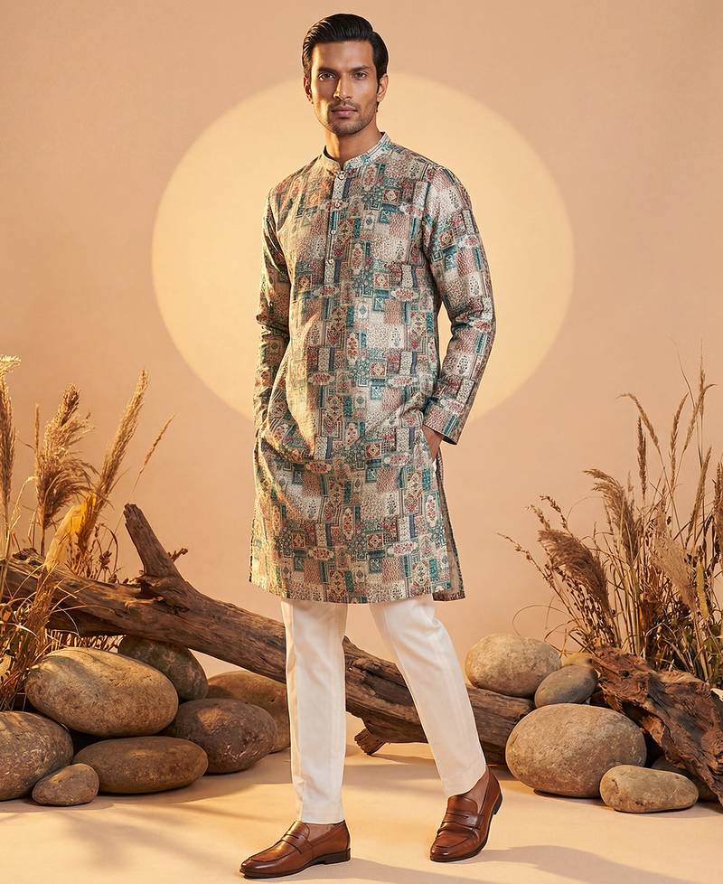 men’s multicolor printed ethnic silk blend kurta