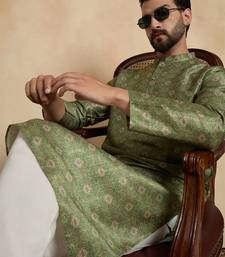 men   s ethnic green printed silk blend kurta