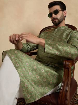 men   s ethnic green printed silk blend kurta 2