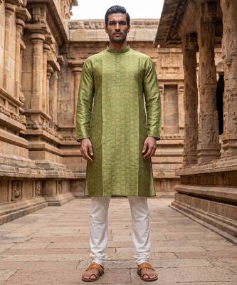 men   s ethnic green printed silk blend kurta 1