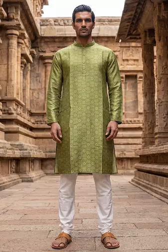 men’s ethnic green printed silk blend kurta