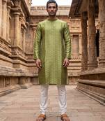 men’s ethnic green printed silk blend kurta