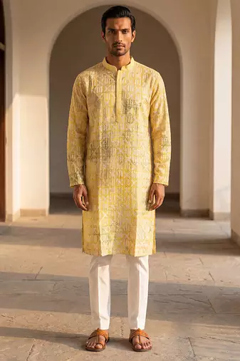 men’s viscose rayon yellow embroidered straight kurta