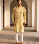 men’s viscose rayon yellow embroidered straight kurta