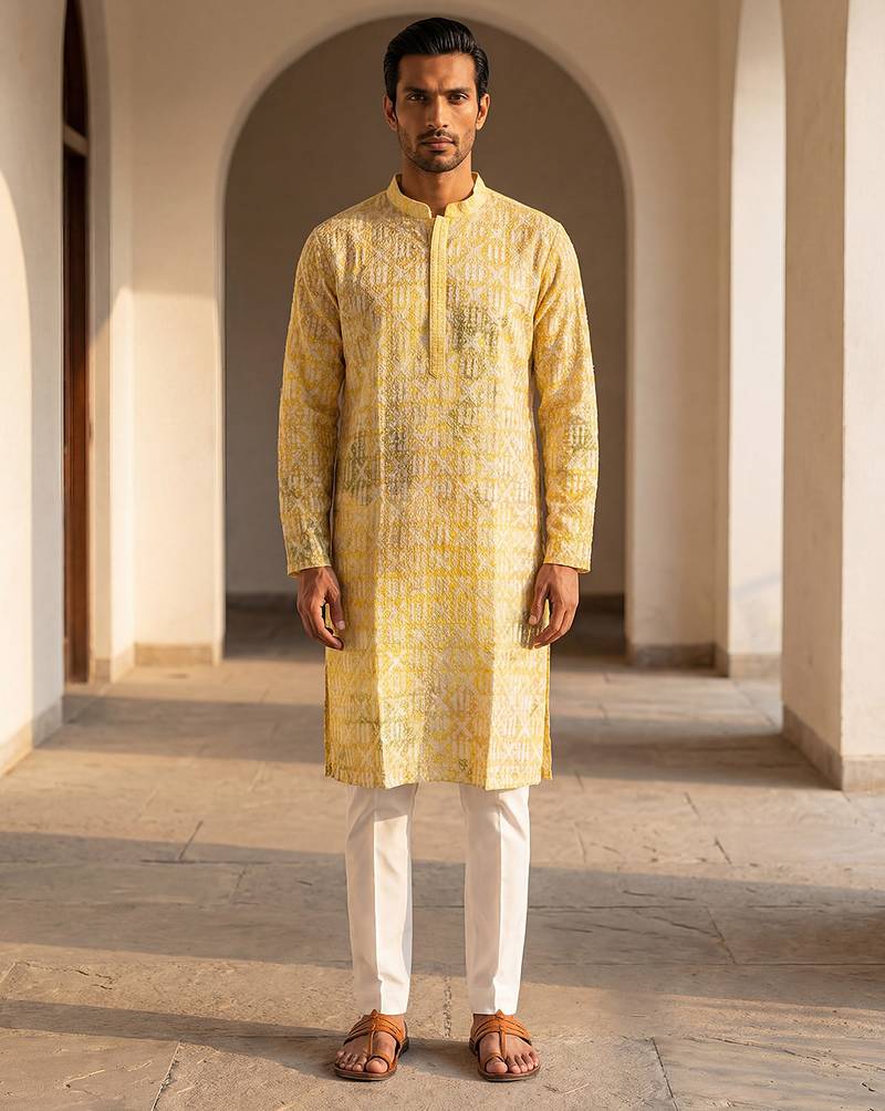 men’s viscose rayon yellow embroidered straight kurta