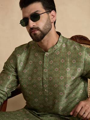 men   s ethnic green printed silk blend kurta 3