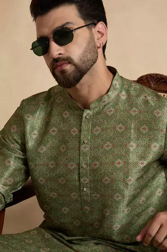 men   s ethnic green printed silk blend kurta