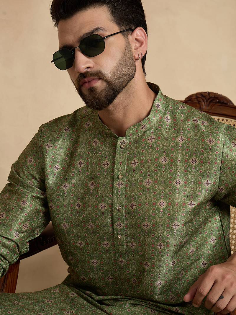men   s ethnic green printed silk blend kurta