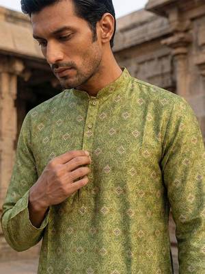men   s ethnic green printed silk blend kurta 2