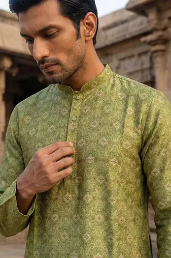 men   s ethnic green printed silk blend kurta