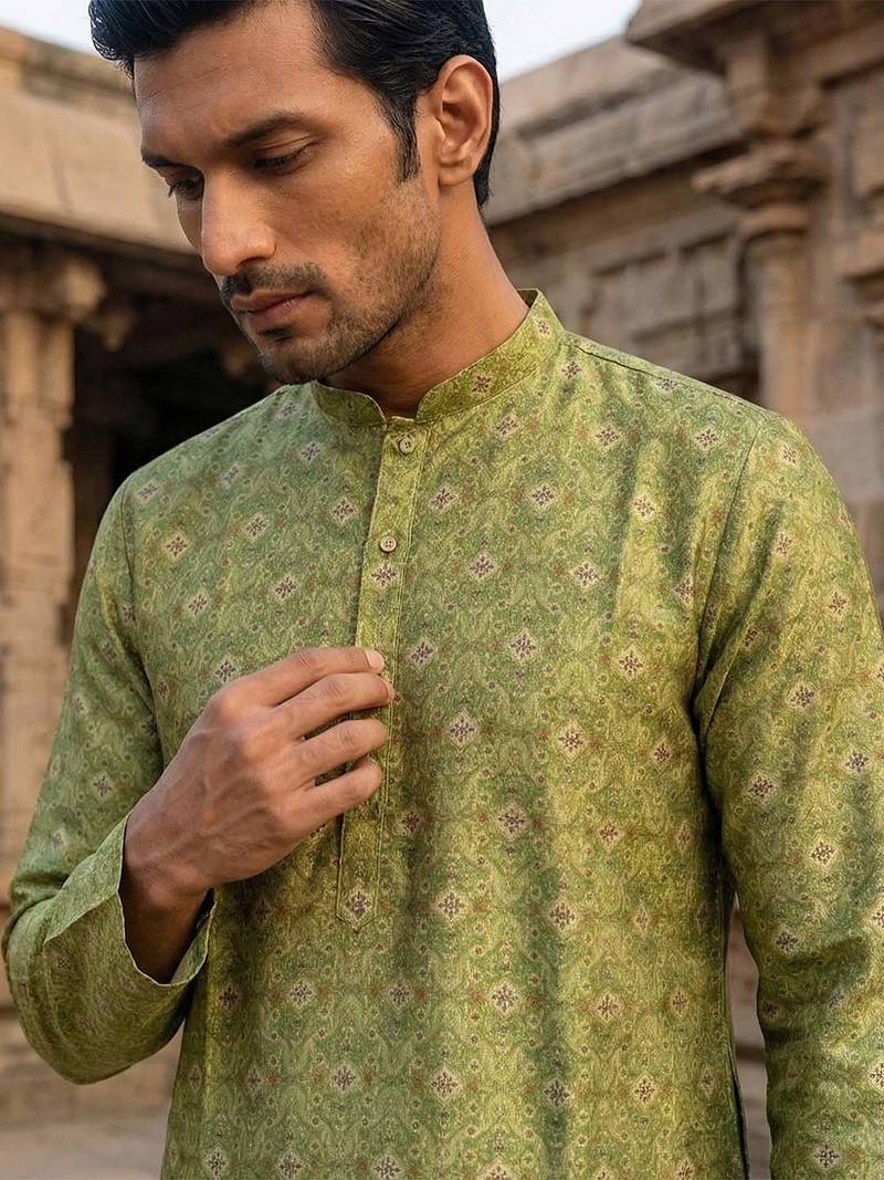men’s ethnic green printed silk blend kurta