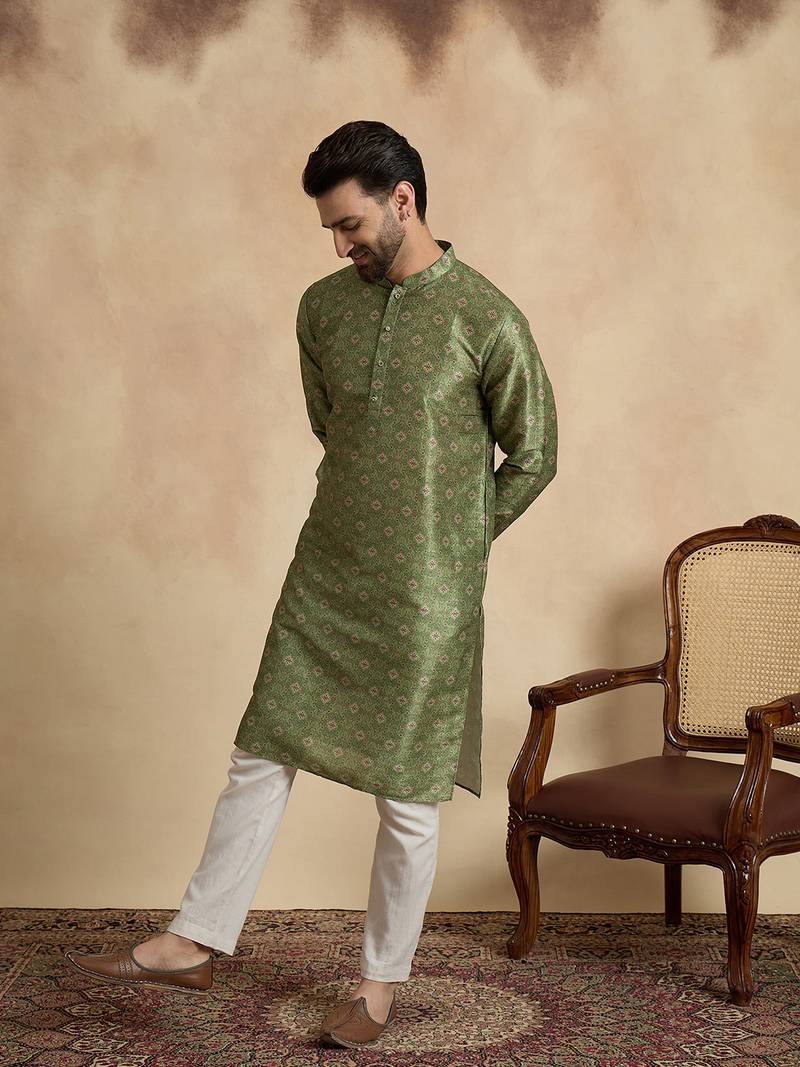 men   s ethnic green printed silk blend kurta