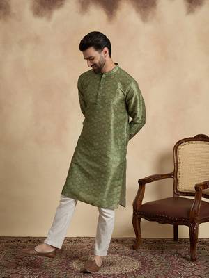 men   s ethnic green printed silk blend kurta 1