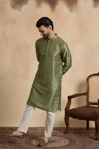 men   s ethnic green printed silk blend kurta