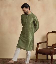 men   s ethnic green printed silk blend kurta