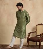 men   s ethnic green printed silk blend kurta