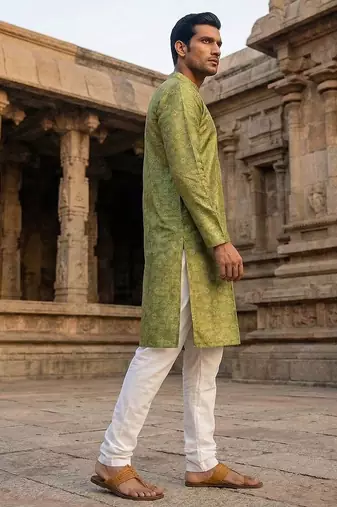 men   s ethnic green printed silk blend kurta