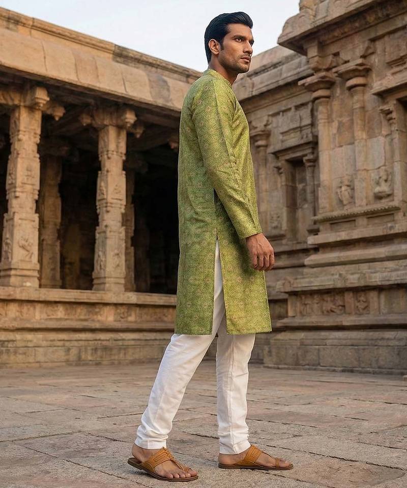 men’s ethnic green printed silk blend kurta