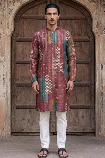 men’s ethnic brown printed silk blend kurta with trousers